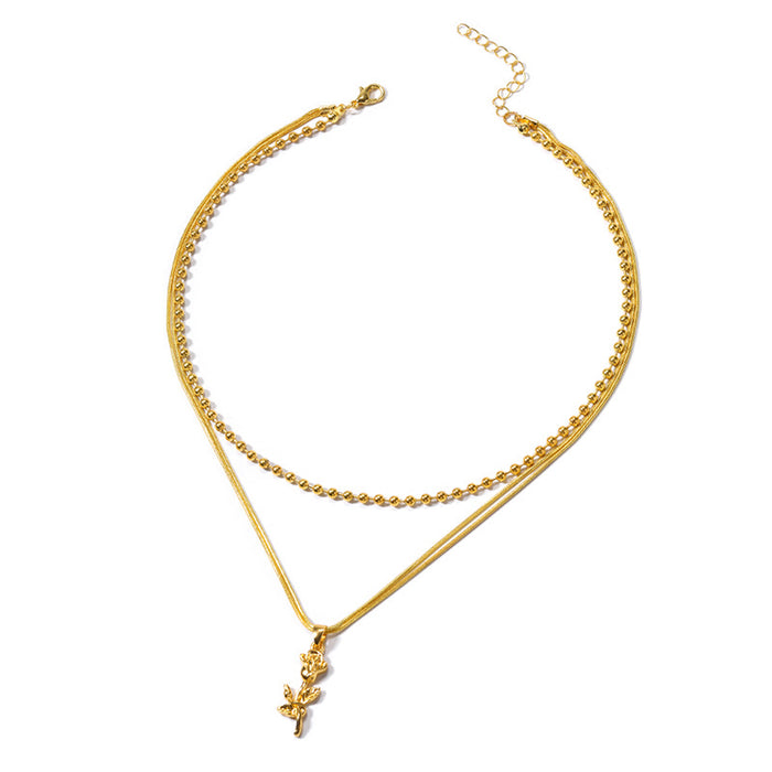 Wholesale Exaggerated jewelry, fashionable rose flower pendant, high-end feeling bead chain, two-layer necklace jewelry