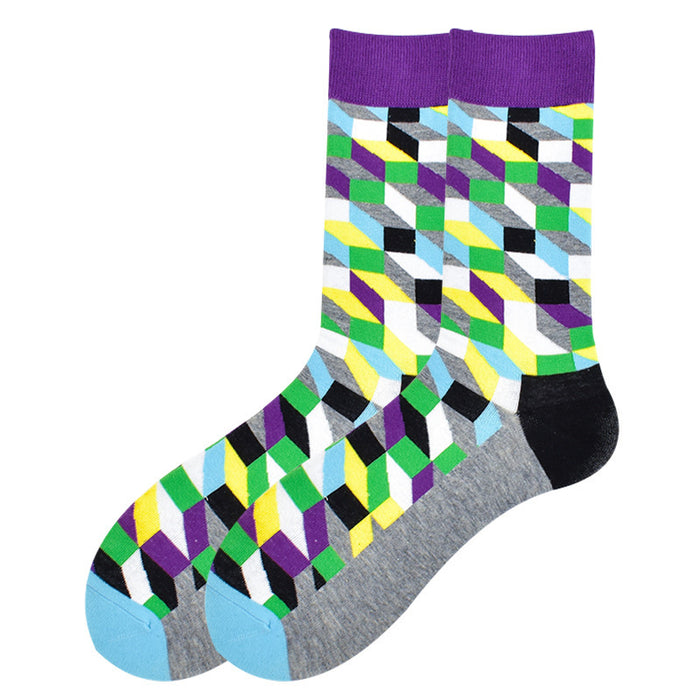 Wholesale Trendy Striped Diamond Personality Geometric Men's Socks Long Tube Colored Cotton Socks Contrast Color Haapy Socks JDC-SK-CG009