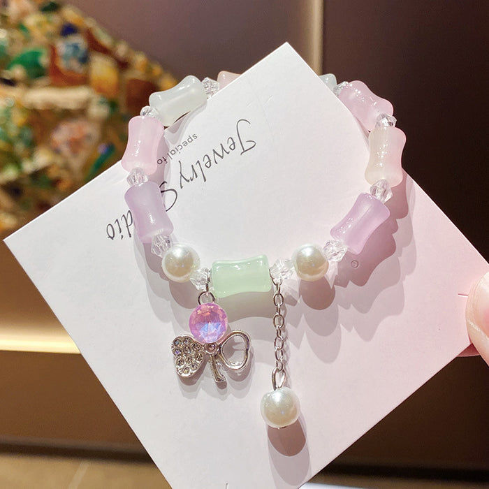Wholesale Hand Beaded Powder Pink Bamboo Four Leaf Clover Bracelet MOQ≥2