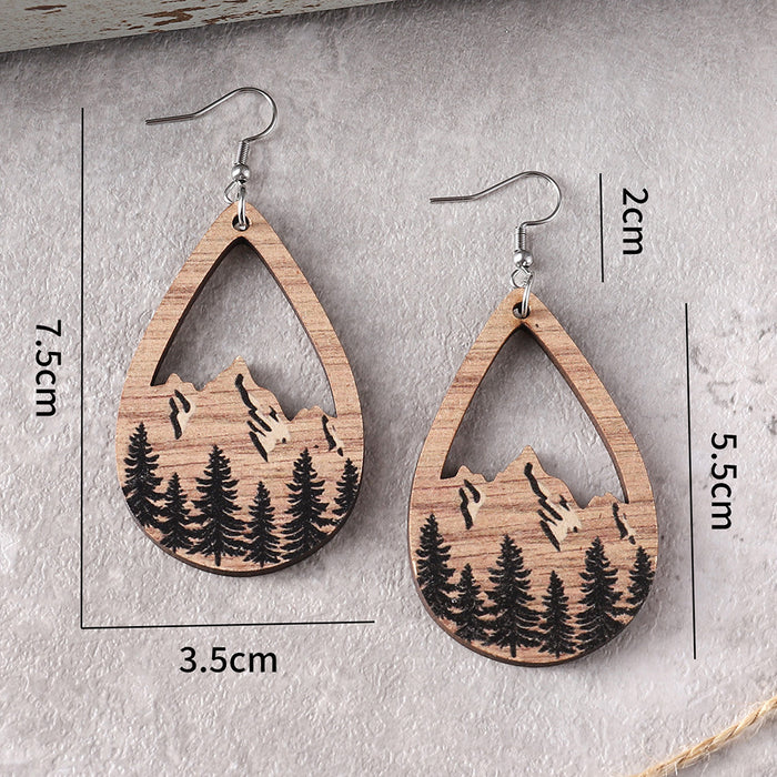 Wholesale Western style mountain pine wood water drop pendant earrings double-sided hollow ear jewelry party gift