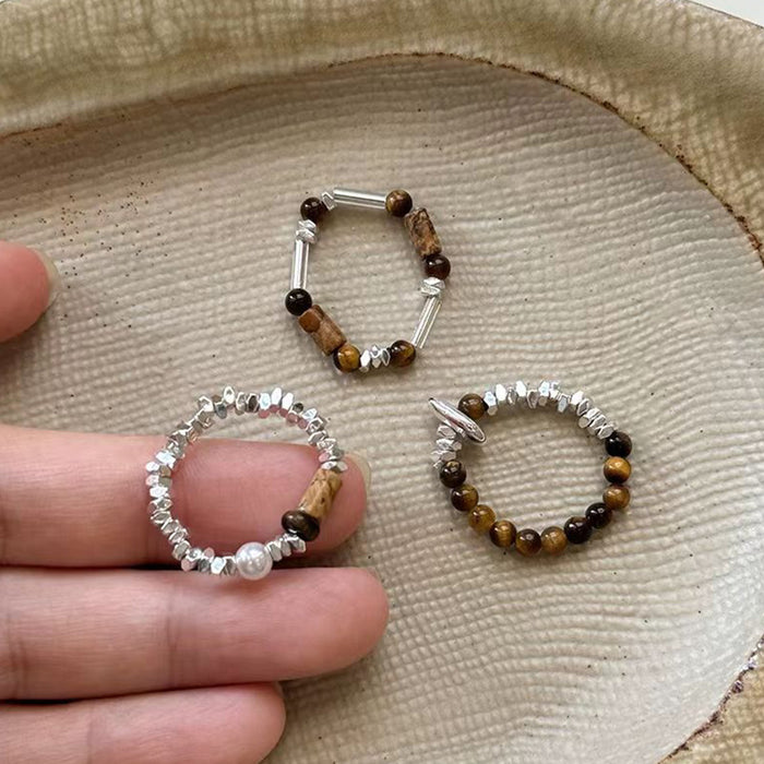 Wholesale  Vintage brown tiger eye stone broken silver beaded ring Joker ring jewelry