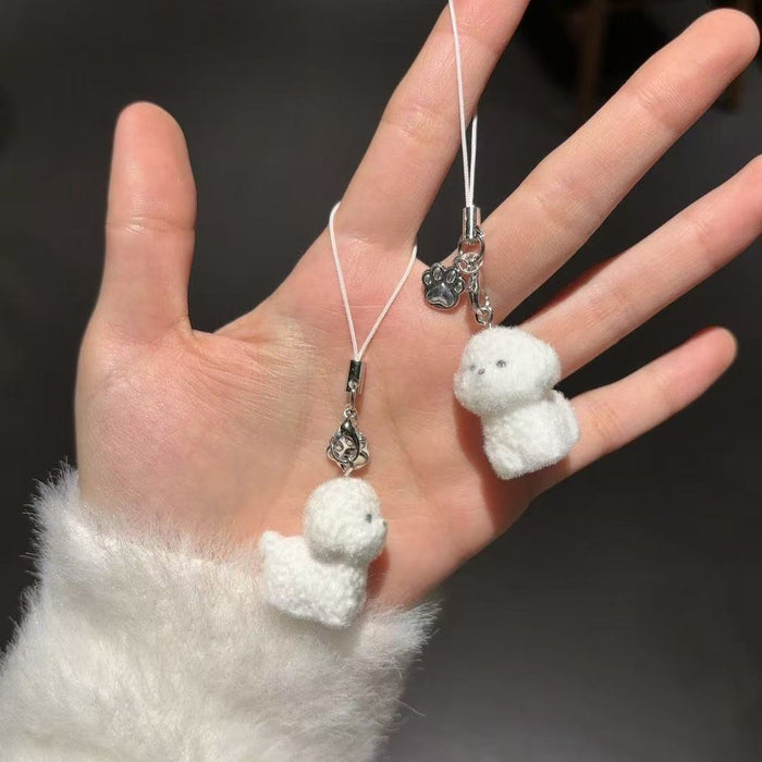 Wholesale Cute Soft Cute Flocking White Dog Mobile Phone Car Keychain Pendant Women's Chain