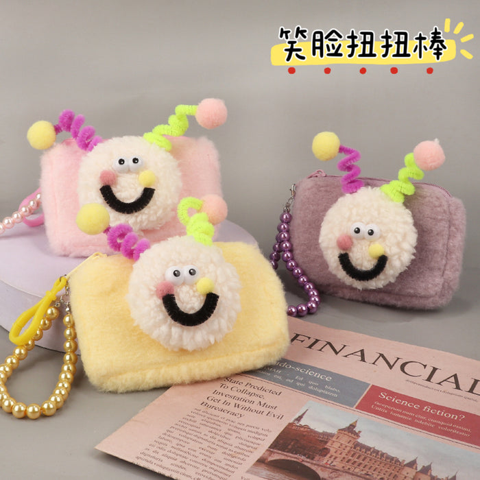 Wholesale Trendy Face Plush Square Card Holder Keychain Wallet Pink Macaron Style Everyday Wear Boutique Resale
