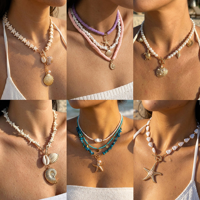 Wholesale Zinc Alloy Beaded Shell Pearl Necklace Ocean Style Layering Jewelry