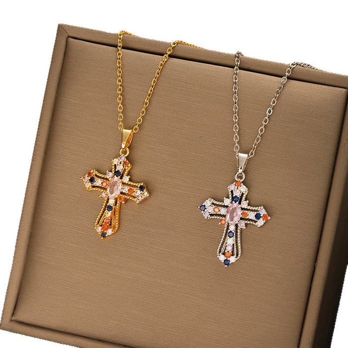 Wholesale Titanium Steel Cross Pendant Necklace Gold Color Zirconium Fashion Accessory MOQ≥2