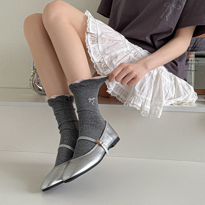 Wholesale Thin double-layer bubble mouth lace bow middle tube socks stacked with cotton socks