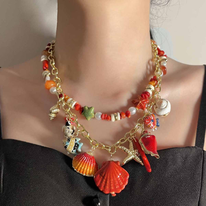 Wholesale Fresh Scallop Conch Pendant Double Layer Stacked Necklace