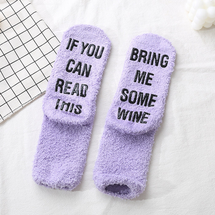 Wholesale Glass socks with adhesive letter design, coral fleece socks that won't fall off, plush socks