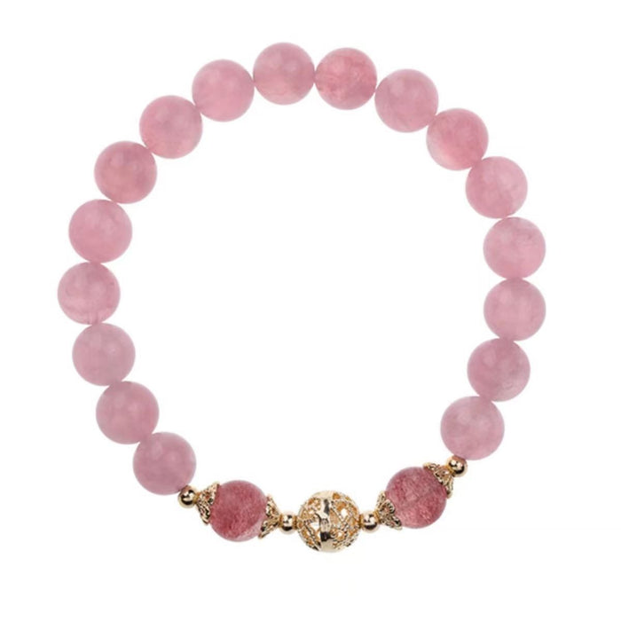 Wholesale Natural pink crystal bracelet, women's peach blossom jewelry, niche and minimalist design, hollowed out embroidered ball bracelet