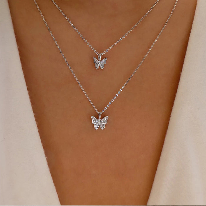 Wholesale Double Layer Butterfly Design Pendant Necklace Diamond