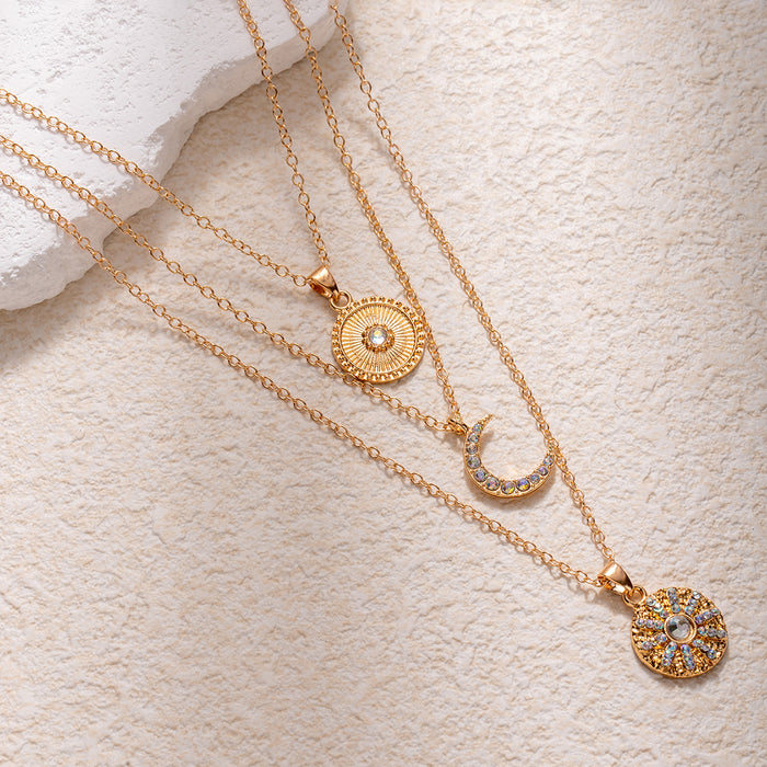 Wholesale Multi layered circular diamond necklace with geometric luxury and high-end feel, moon and sun pendant, collarbone chain