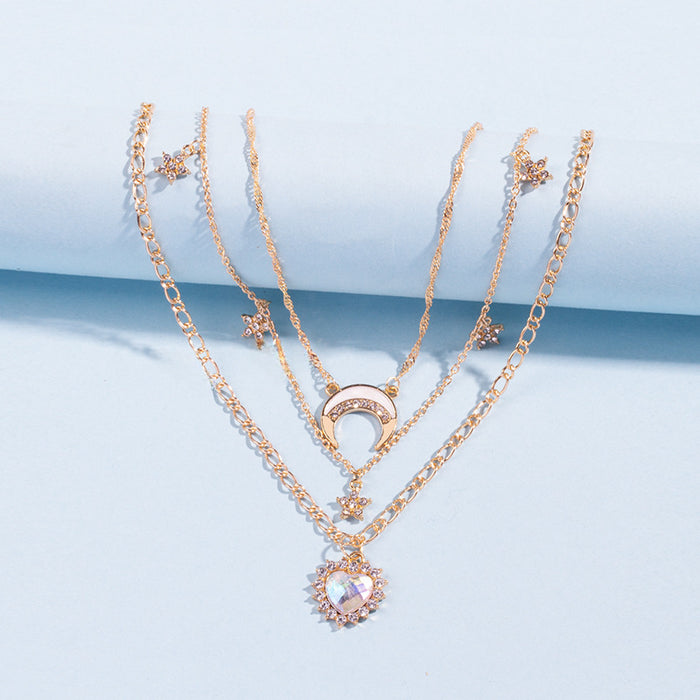 Wholesale Alloy New Product Jewelry Fashion Personality Love Moon Crystal Necklace Street Photography Multi layer Necklace