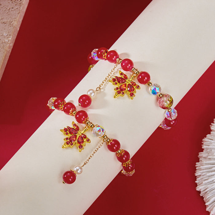 Wholesale  Leaves Beaded Crystal Bracelet Maple Niche Design All-match Red Bracelet