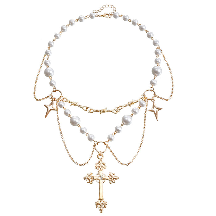 Wholesale Niche design double-layer high-gloss pearl tassel cross star cross necklace for women