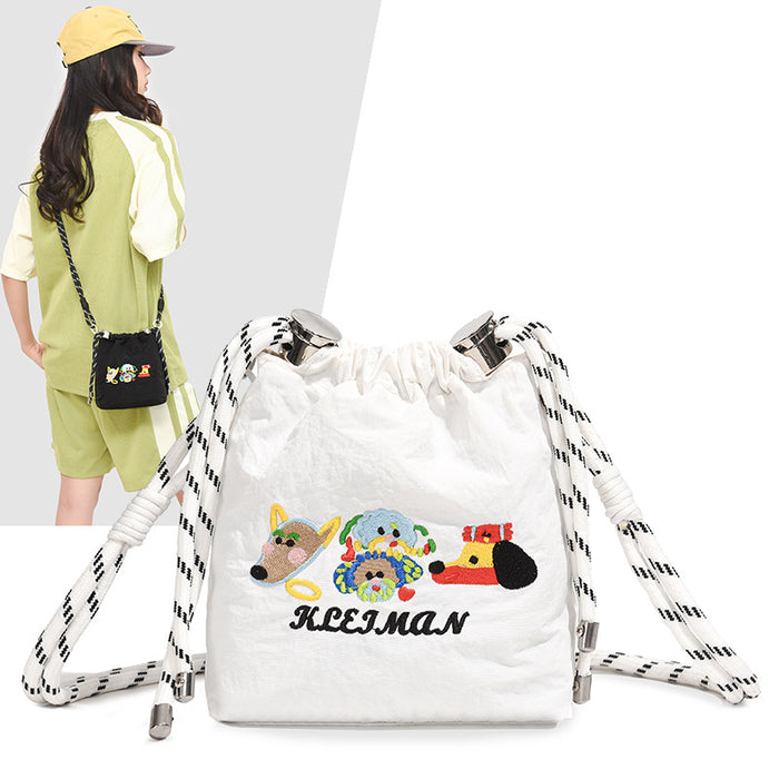 Wholesale Embroidered cartoon niche bucket bag, new versatile nylon cloth shoulder crossbody bag, mobile phone bag