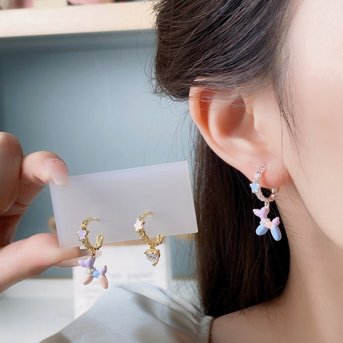 Wholesale Cute Drip Oil Balloon Dog Earrings, Small and Asymmetric Design, Love Zircon Star Earrings, Ear Accessories