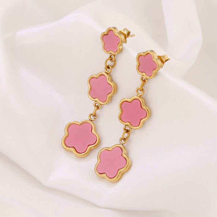 Wholesale Stainless Steel Five-Leaf Clover Earrings Niche Versatile Tassel Ear Studs,  Earrings,  Ear Accessories