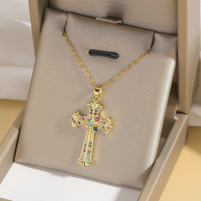 Wholesale Fashion colored zircon cross necklace, niche design accessory, collarbone chain