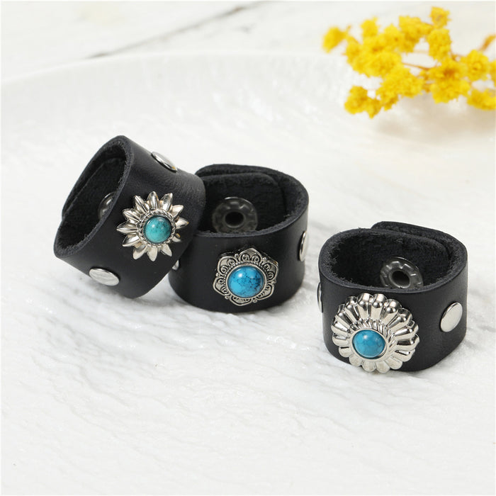 Wholesale Vintage punk leather ring, niche vintage cowhide ring, turquoise ring accessory
