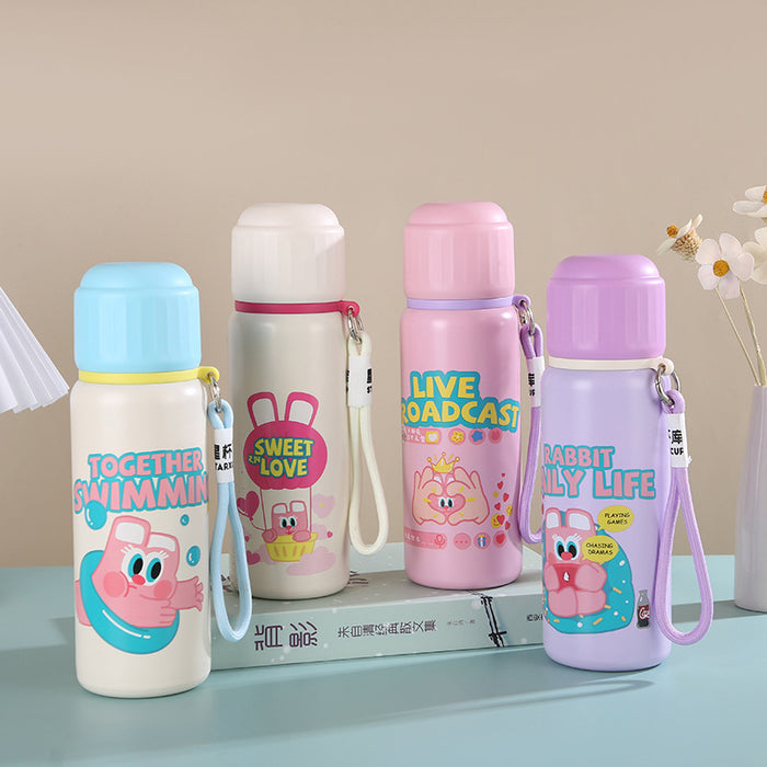 Wholesale Stainless Steel Thermos Cup Toast Rabbit Cute Graffiti Double Drink Cup  with Lanyard Children' s Water Cup