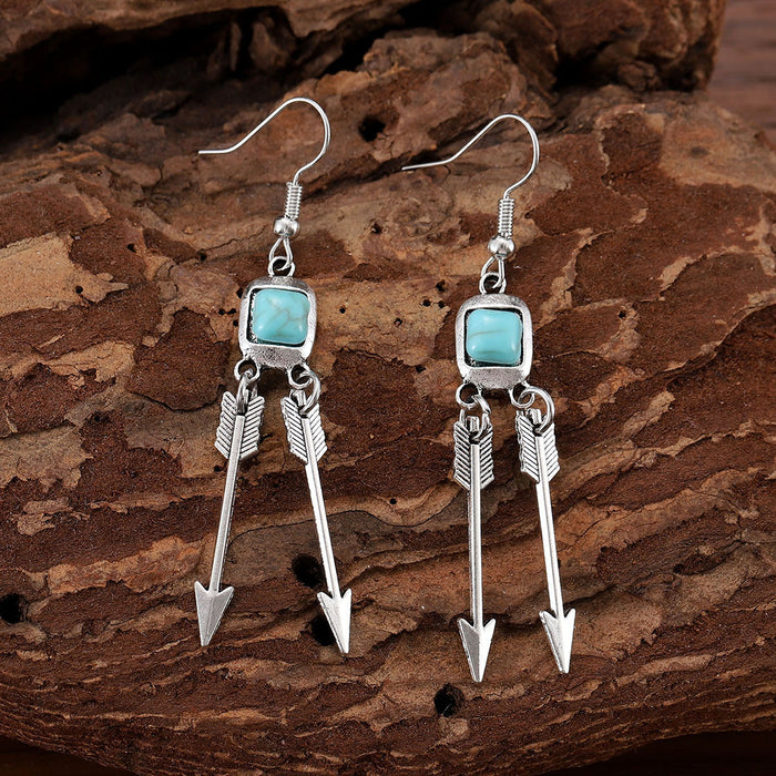 Wholesale Old silver irregular turquoise pendant feather arrow earrings creative retro earrings
