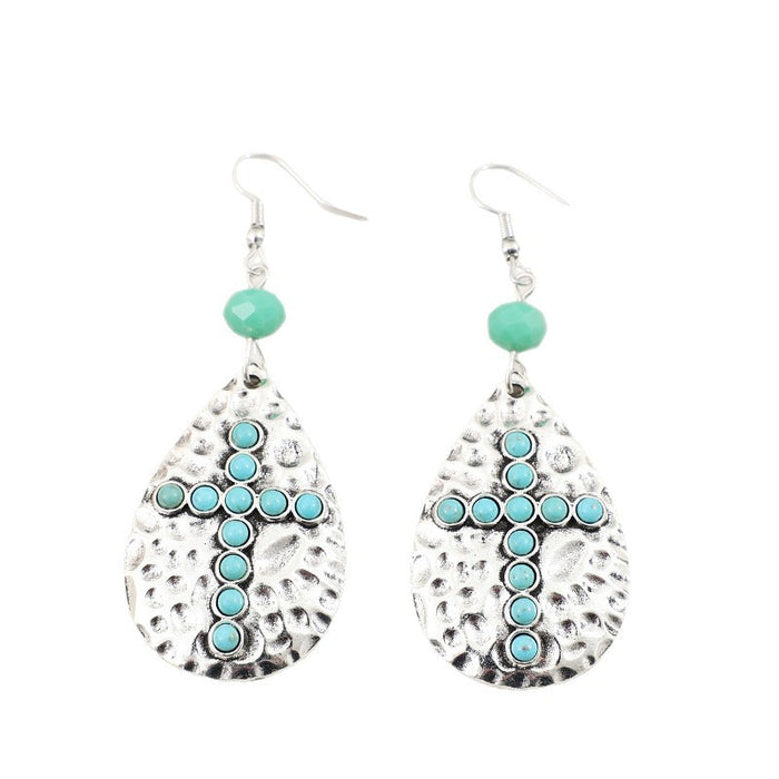 Wholesale Drop-Shaped Hammered Bohemian Earrings Inlaid with Synthetic Turquoise Cross Earrings