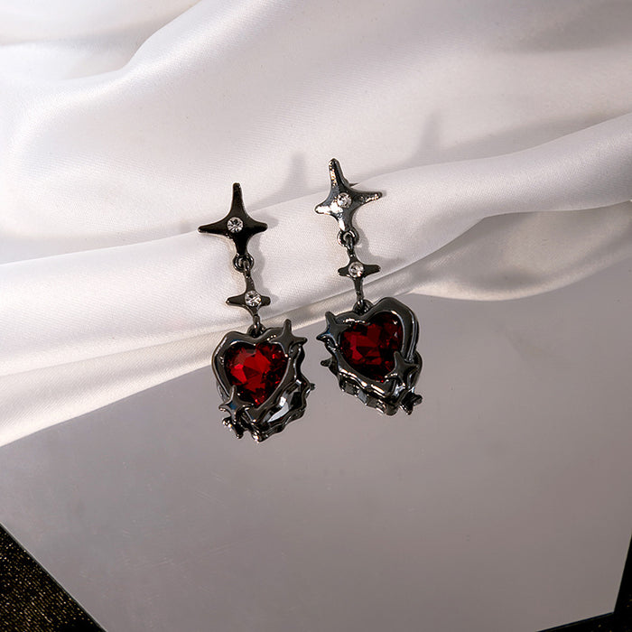 Wholesale Silver needle dark red stone love earrings heart earrings diamond earrings