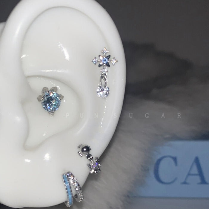 Wholesale  Blue Cross Snowflake Drop Ear Bone Nail Titanium Steel U-shaped Cross Ear Ring Stacked with Double Blue Earrings for Women