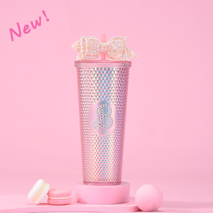 Wholesale Double-layer Plastic 710ml Large Capacity Straw Cup with Glitter Bow Tie Hand Cup Durian Cup JDC-CUP-MaiG001