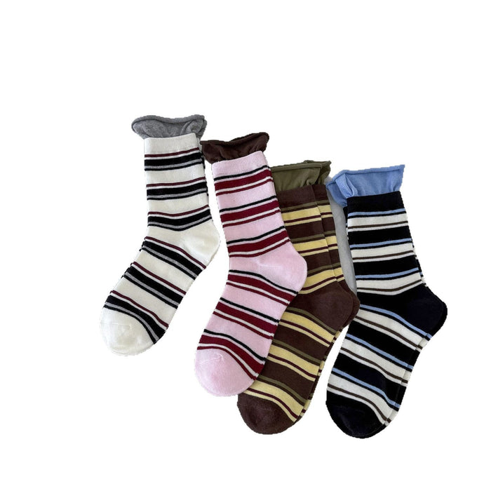 Wholesale Striped socks with patchwork, loose mouth, rolled edges, mid tube socks, stacked socks
