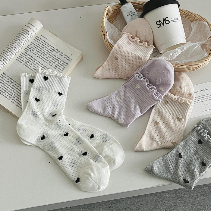 Wholesale New product: Ear fungus edge socks, mid tube socks, cotton socks, thin mesh, hollowed out lace, heart-shaped style, stacked socks