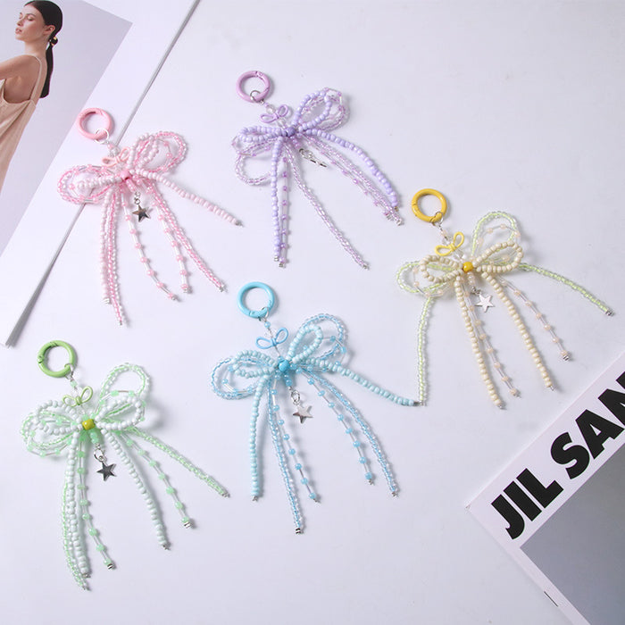 Wholesale Luminous Bead Alloy Bow Beaded Keychain Mobile Phone Chain