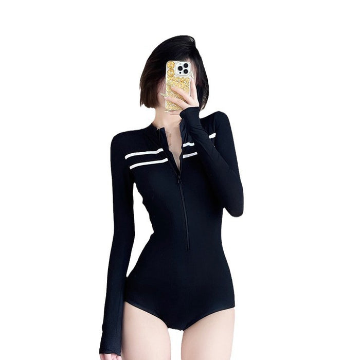Wholesale One piece swimsuit slimming black long sleeved sunscreen short style sexy hot spring swimming suit