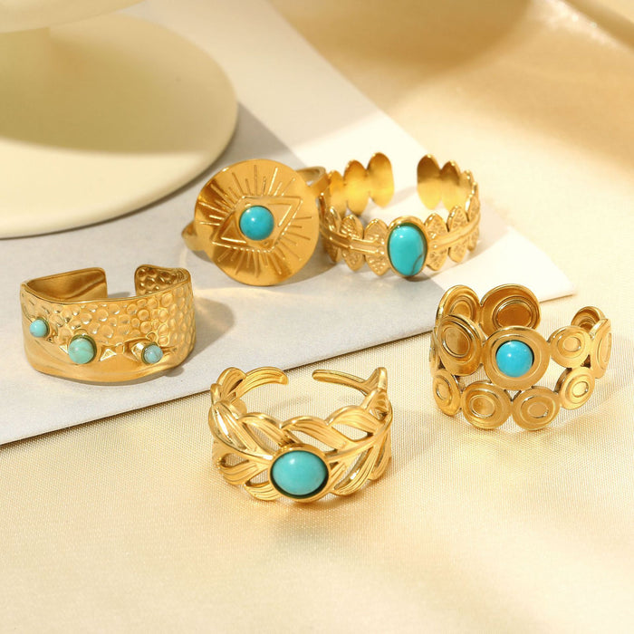 Wholesale Stainless Steel Gold Turquoise Leaf Adjustable Ring