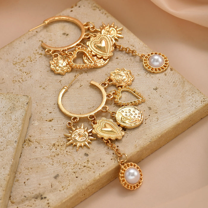 Wholesale New large circle earrings, alloy sun heart accessories, light luxury and high-end pearl tassel earrings