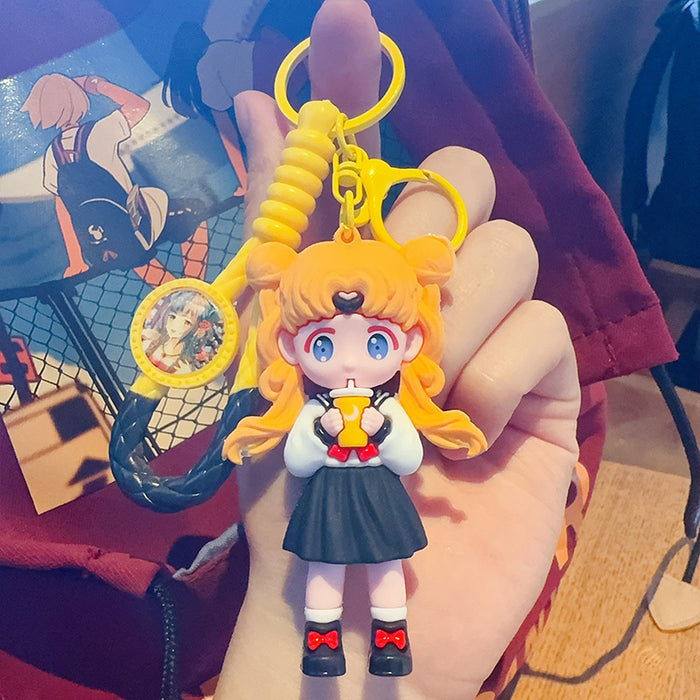 Wholesale Cute Cartoon Girl Drinking Milk Tea PVC Keychains