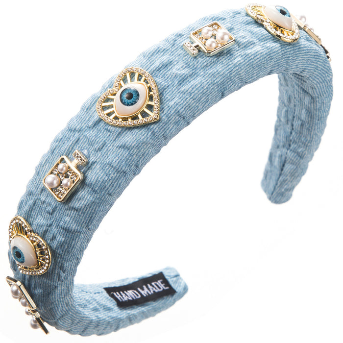 Wholesale Retro denim fabric alloy heart-shaped pearl-encrusted evil eye headband