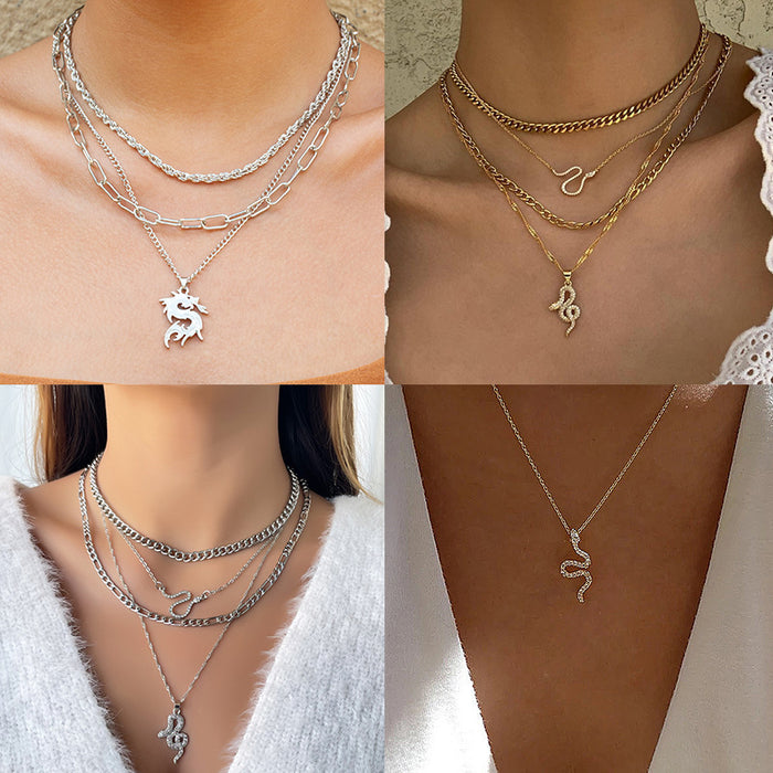 Wholesale Creative Jewelry Multi layer Serpentine Stacked Necklace Clavicle Chain Versatile Alloy Pendant Sweater Chain