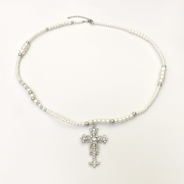 Wholesale Stacked Cross Pearl Long Necklace Niche Clavicle Chain