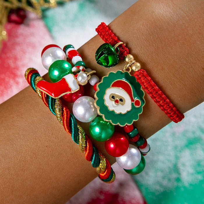 Wholesale Christmas Cute Bells Santa Reindeer Snowman Pendant Red Rope Bracelet Fashion Accessory Gift MOQ≥2