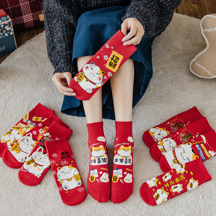 Wholesale Socks for men and women mid-tube socks cotton bottom festive red stockings new year gift lucky cat socks