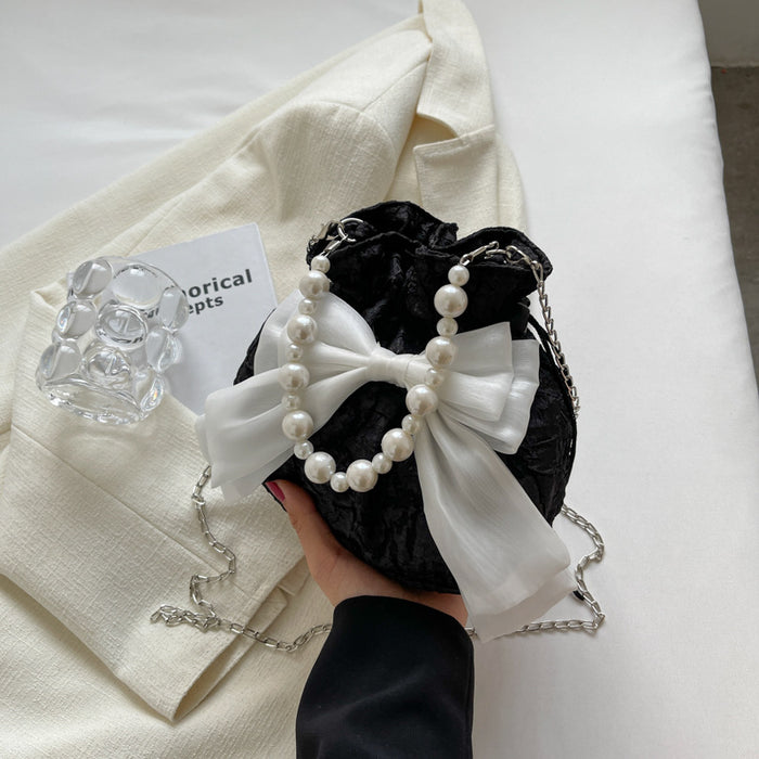 Wholesale Pearl bag, new fashionable bow chain bucket bag, niche and versatile crossbody bag