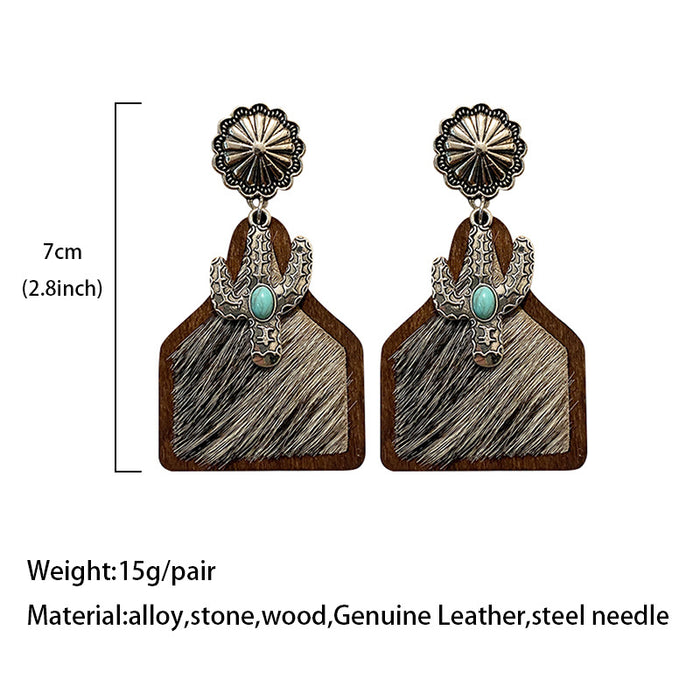 Wholesale Western earrings bohemian genuine leather cowhide horsehair Cow brand