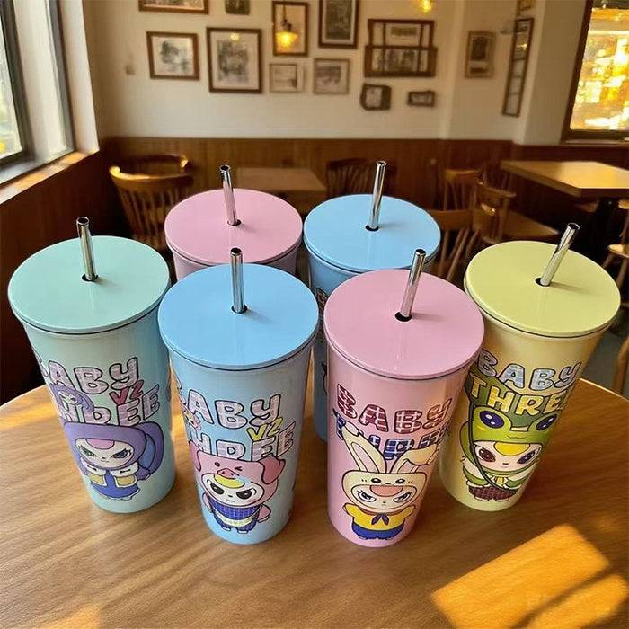 Wholesale Stainless steel coffee cup cartoon large-capacity portable straw water cup