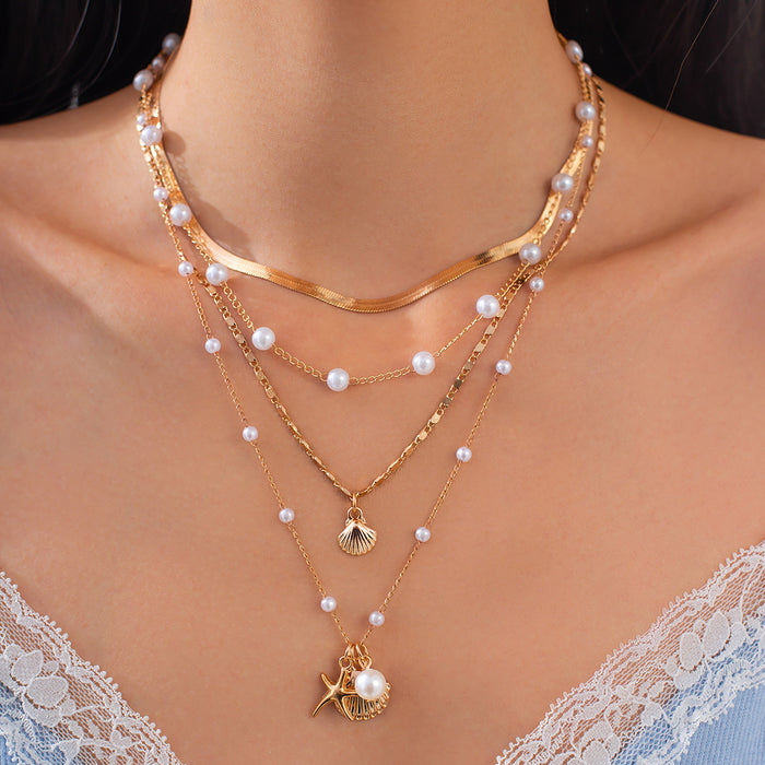 Wholesale Multi layer imitation pearl necklace set retro bead collarbone chain shell pendant