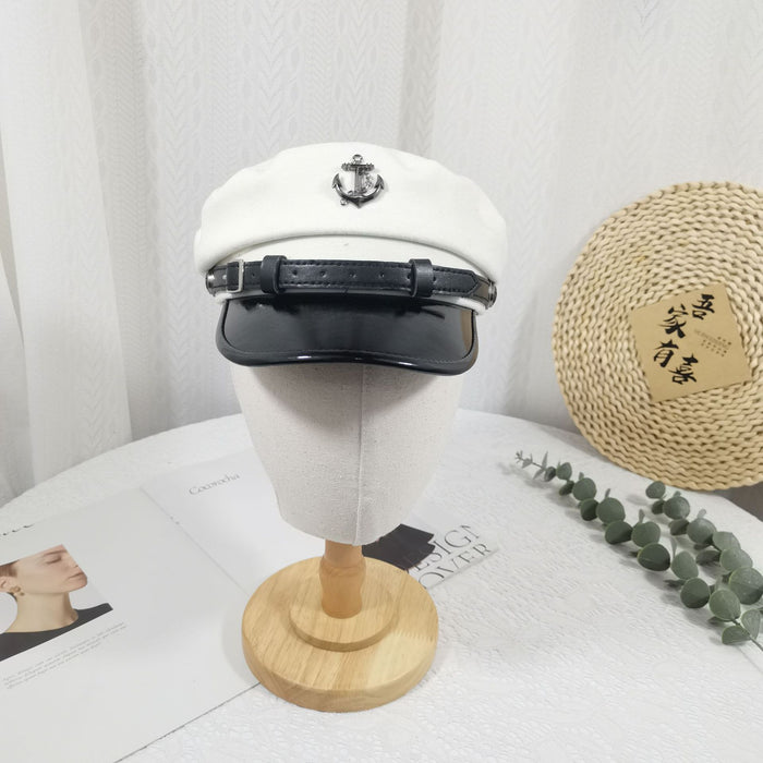 Wholesale New woolen octagonal hat women's belt buckle boat anchor flat top hat shiny leather wide brim versatile navy hat