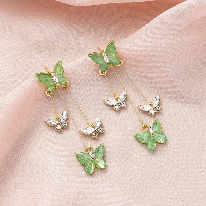 Wholesale Silver needle purple butterfly tassel earrings with a light luxury and high-end feel, sparkling diamond long earrings, retro temperament earrings