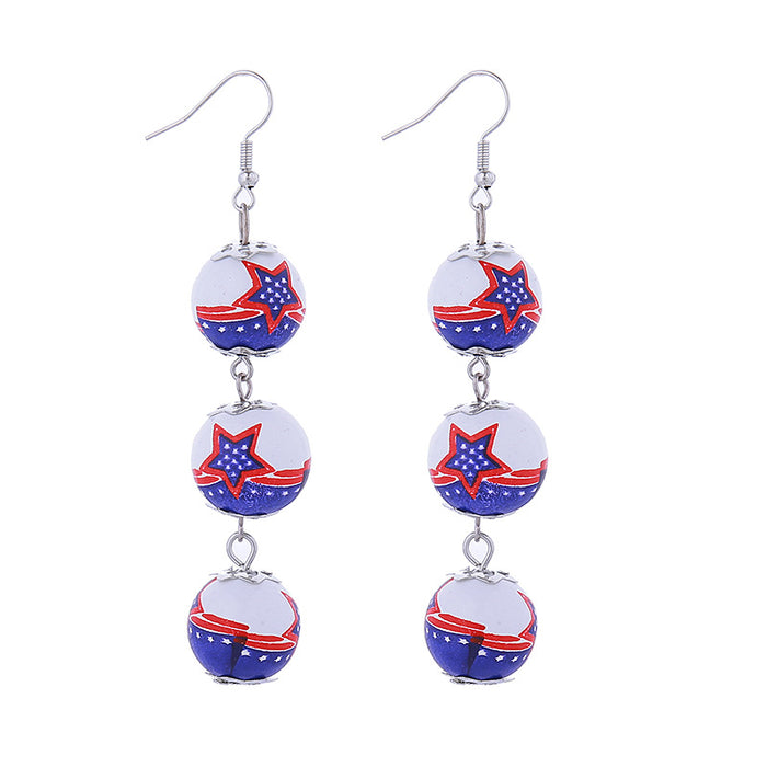 Wholesale American Independence Day Colorful Printed Flag Wooden Beads Long Round Bead Pendant Earrings JDC-ES-ChouTteng018