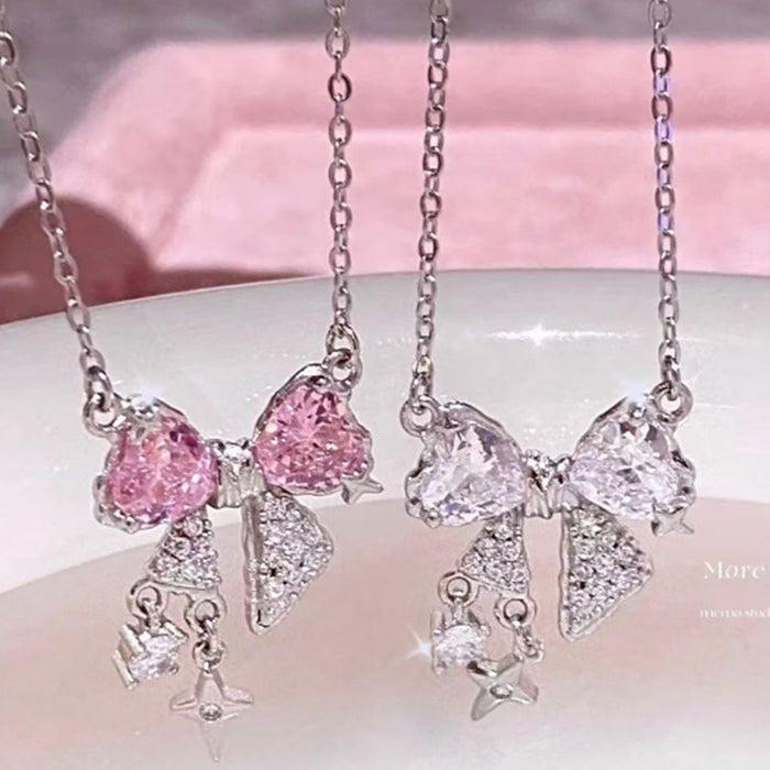 Wholesale Pink zircon bow necklace with a niche temperament, simple and luxurious necklace, vintage necklace