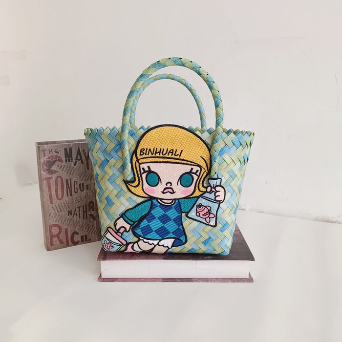 Wholesale Woven Basket Bag Shoulder Hand Bag Cute Rattan Cloth Cartoon Woven Bag